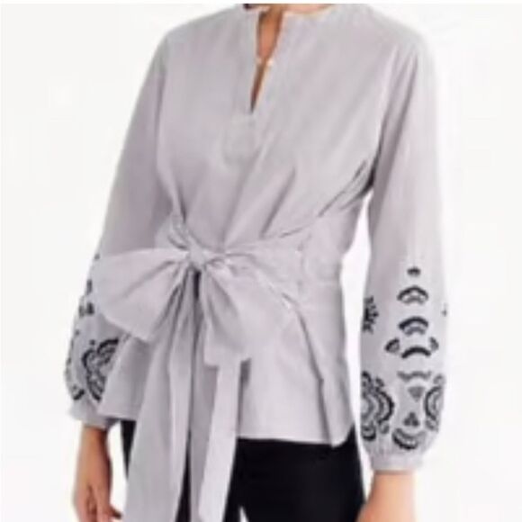 J. Crew - Tie Front or Back Pullover Blouse with Embroidery Sleeves - size S - Picture 1 of 8